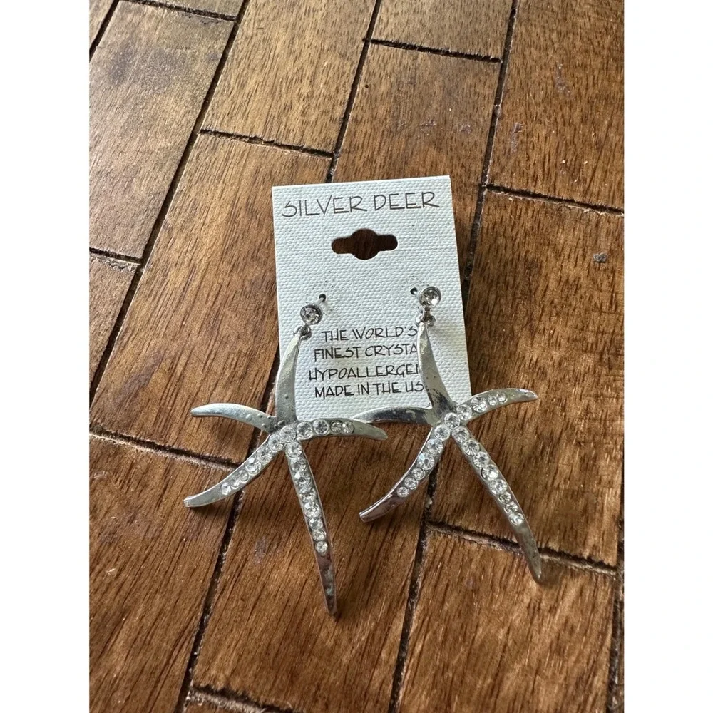 Silver Deer Starfish Crystal Drop Earrings Silver Tone Hypoallergenic USA‎ EUC